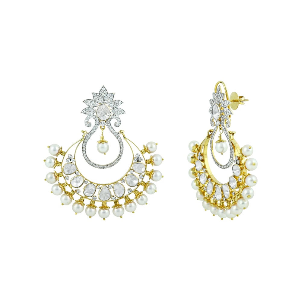 Chandbali Earrings with Polki, Floral Design, and Pearls